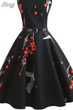 Print Women Summer Dress Hepburn 50s 60s Retro Swing Vintage Dress A-Line Party Dresses With Belt