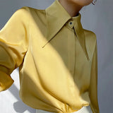 Vintage Satin Silk Women Shirt Turn Down Collar Woman Loose Blouse White Long Sleeve Shirts Blusas Office Lady Tops