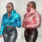 Thick Bubble Coat Reflective Women Zipper Fly Turtleneck Crop Jacket 2022 Winter Puff Windbreaker Silver Parkas