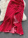 Women Red/Purple/Black Polka Dot Two Piece Set Summer Sexy Ruffle Short Drawstring Tops + High Waist Irregular Skirt 2pcs
