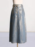 Zingj 2024 New Street Trend Wind Hot Gold Design Sense A Line Skirt Fashion High Waist Show Skinny Denim