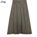 Plaid Woolen Skirt Women Long Elegant Houndstooth Tassel Pleated Skirt Female Harajuku High Waist Loose Midi Skirt