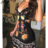 V Neck Floral Print Ruffles Hem Spaghetti Strap Bodycon Women's Mini Dress Cut out Waist Sexy Robes Vetement Femme