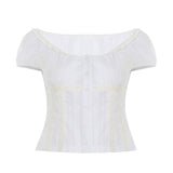 Girl Age-Sensitive French Retro Checkered Low-Chest Shoulder Short-Sleeved T-Shirts Single-Breasted Buckle Thin