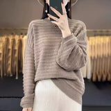 Women's Round Collar Full Body Hook Line Showing Thin Thick Sweater Loose Leisure Autumn And Winter New Knitted Shirt Comfortable