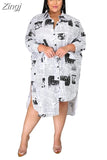 5XL Big Size Women Clothing Irregular Blouse Dresses Casual Big Size 3XL Dress Fashion Newspaper Print Office Lady