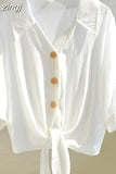 Shirts Women 2023 Summer Loose Casual Blouse White Women Buttoned Up Shirt Top Tied Waist Elegant Women Blouses