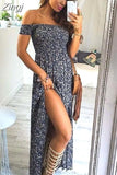 Women Summer Chiffon Long Dress Sexy Slash Neck Strapless Front Split Casual Elegant Floral Print Boho Beach