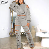 Striped print Women Fall Two piece Set Sweatshirt Zipp jacket Top Trousers Sports Baseball Uniform Workout