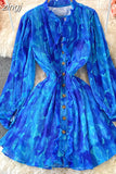 Vintage Women Pleated Chiffon Mini Dress Elegant V-Neck Draped Single Breasted Ruffle Vestidos Sexy Party Robe 2023