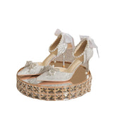 Women 2025 Summer New Pointed Fine Thin-Shoe Butterfly Wedding Shoes Ribbon Pearl Chain Hollow