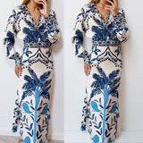 New Women's V-Neck Long-Sleeved Half-Dress Retro Print Early Spring Lazy Casual Fashion