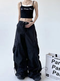 Zingj New Tight High Waist Design Sense Niche Black Cargo Pants Female Loose Casual Fashion Draw Rope Wide Leg