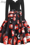 Women Christmas Dress Winter Long Sleeve V Neck Pumpkin Print Halloween Costume Party Dresses Casual Vintage S~3XL