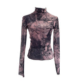 Shooting Denim Pattern Dye Printing Retro Babes Thin Mesh T-Shirt High-Necked Long Sleeve Bottom Shirt Top