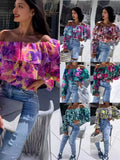 Zingj Burst Autumn Sexy Fashion One-Word Collar Off-The-Shoulder Print Shirt