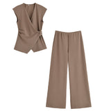 New Women's Pin Texture Sleeveless Vest Shirt Casual Trousers
