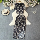 New Fashion Fashion Print Loose Short-Sleeved Top High Waist Open Elegant Commuter Skirt