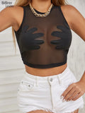 Mesh Patchwork Tank Tops Women Sexy O-Neck Sleeveless Summer Skinny Vest Trend Wild Party Clubwear Slim Tees