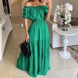 Spot 2025 Spring New Women's Fashion One-Line Shoulder Short Sleeve Large Place Long
