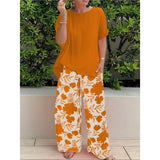 Plus Code Lady Two-Set Set Of Stylish Short-Sleeved Round Collar Top Wide Leg Trousers Print Casual