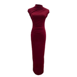 Ceclent Unique Dress With Thin Folds And Hips High-Collar After The Opening Of The Fork Dress