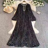 Elegant Dress Women Fashion Nail Drill Hollow Round Long Sleeves Loose Thin Leopard Embossed