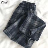 Women Fall Winter Casual Vintage Cozy Female Plaid Harajuku Street Elegant Chic Basic Harem Trouser Ins Ankle-length