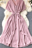 Vintage V-Neck Single Breasted Midi Dress For Women Elegant Short Sleeve High Waist A-Line Slim Green/Red/Purple