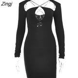 Double Layer Slim Women Dress Long Sleeve Sexy Bodycon Low-Cut Ladies Dresses Hollow Out Backless Women's Clothing