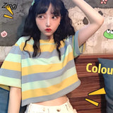 Sleeve T-shirts Women Rainbow Colors Stripped Fashion Summer Student Sweet Girls Clothes Leisure Breathable Ins