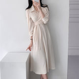 Autumn Women Casual Elegant Lace-up Shirt Dress Female Fashion A-Line Midi Dress Office Lady