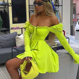 Sexy Off Shoulder Lace Up Women Dress Blue Long Sleeve Strapless Mini Dress Women Autumn Slim Fashion Streetwear