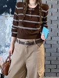 Cocoa Design Small Gentle Brown Striped Knitted Polo Shirt Girl Early Autumn Collo Long-Sleeved