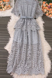 Vintage Women Hollow Out Lace Ruffle Long Dress Elegant Round Neck Short Sleeve High Waist Slim Maxi Party Vestidos