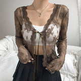 Fashion White Lace Top Women T-shirt Transparent Summer Front Tie Up Crop Tops Retro Cardigan Long Sleeve