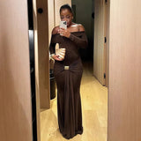 And Winter 2025 New Women's Fashion Temperament A Word Shoulder Solid Long-Sleeved Body Hip Dress Dress