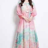 Holiday Style Dress 2025 New One-Word Shoulder Strap With Waist Lantern Sleeve Print Chiffon Long Dress
