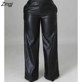 Autumn Fashion Long Leather Pants Women Black PU Leather Pocket Design Wide Leg Pants Casual Elastic Waist One Piece