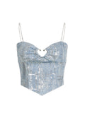 Women's Summer Chain Strap Crop Top Sexy Y2k Casual Chic Vintage Off Shoulder Hollow Out Sequins Blue Tank Top Vest Korean