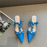 New Rivet Pointed Thin Heel Baotou Half Slipper Female Middle Heel Shallow Mouth Lazy Mueller