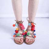Summer New Famous Wind Color Hairball Sandals Female Wrist Strap 43 Yards Flat Bottom Roman Women's