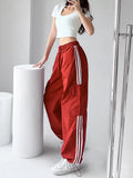 Streetwear Striped Cargo Pants Women High Waist Pockets Americam Casual Trousers Harajuku Loose Chic Patchwork