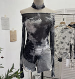 Tie-Dye-Print Single-Layer Mesh Yarn Lint Sun Hoodie Irregular Long-Sleeved T-Shirt Repair On The Body