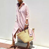 Explosion Autumn Five-Sleeve Striped Sides On Both Sides Of The Fork Shirt Dress
