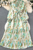 Autumn Bohemian Tie Dye Pleated Long Dress Women Elegant Stand Collar Ruffle Single Breasted Lantern Sleeve Draped