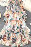 Vintage Women Floral Chiffon Midi Dress Elegant Ruffle Stand Collar Lantern Long Sleeve High Waist Big Swing Draped