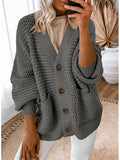 And Winter New Single-Dbutton V-Neck Sweater Women Loose Lantern Sleeve