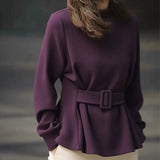 Chinese Style Buckle Round-Neck Shirt For Women In Spring 2025 New Ocean Design Purple Long-Sleeved