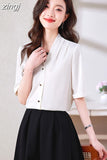 Shirt Women Satin Vintage Shirts OL Basic Blouse Women Short Sleeve Blouses Silk Fashion Women's Clothing Solid Women